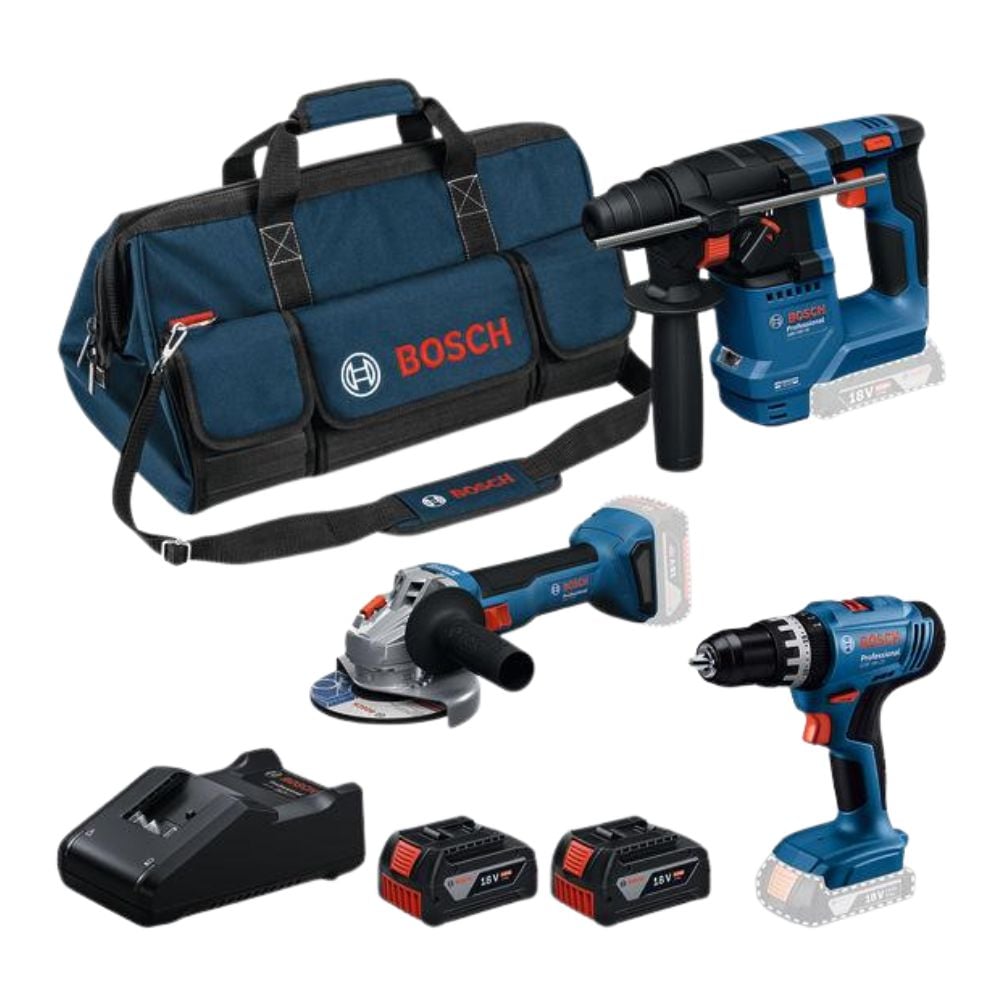 Kit Berbequim GSB 18V-25 + Martelo GBH 18V-18 + Rebarbadora GWS 18V-8 (125) + 2 Baterias 4,0AH Bosch 0615A500AG