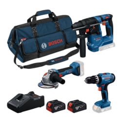 Kit Berbequim GSB 18V-25 + Martelo GBH 18V-18 + Rebarbadora GWS 18V-8 (125) + 2 Baterias 4,0AH Bosch 0615A500AG