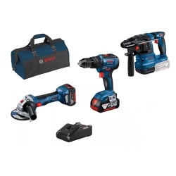 Kit Combo 3 Máquinas Martelo Perfurador GBH 18V-22 Professional + Berbequim GSB 18V-55 + Rebarbadora GWS 18V-7 Pro Deals Bosch 0615990M4APRO1