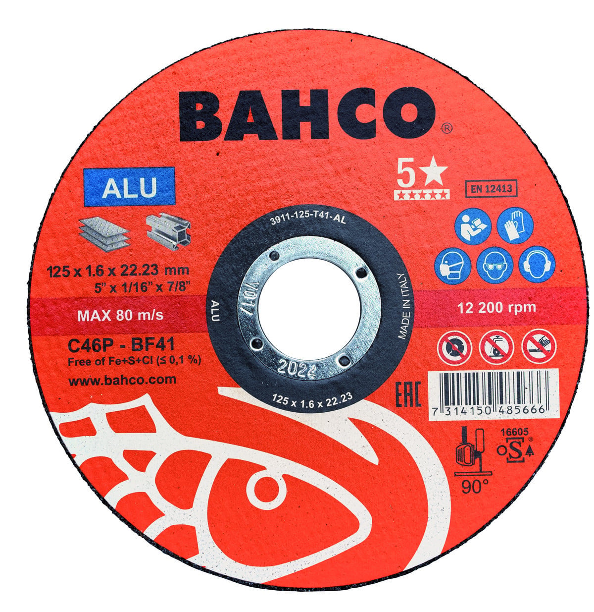 Discos de corte de alto desempenho abrasivos para alumínio 115 X 1,6 X 22,23 mm Bahco 3911-115-T41-AL