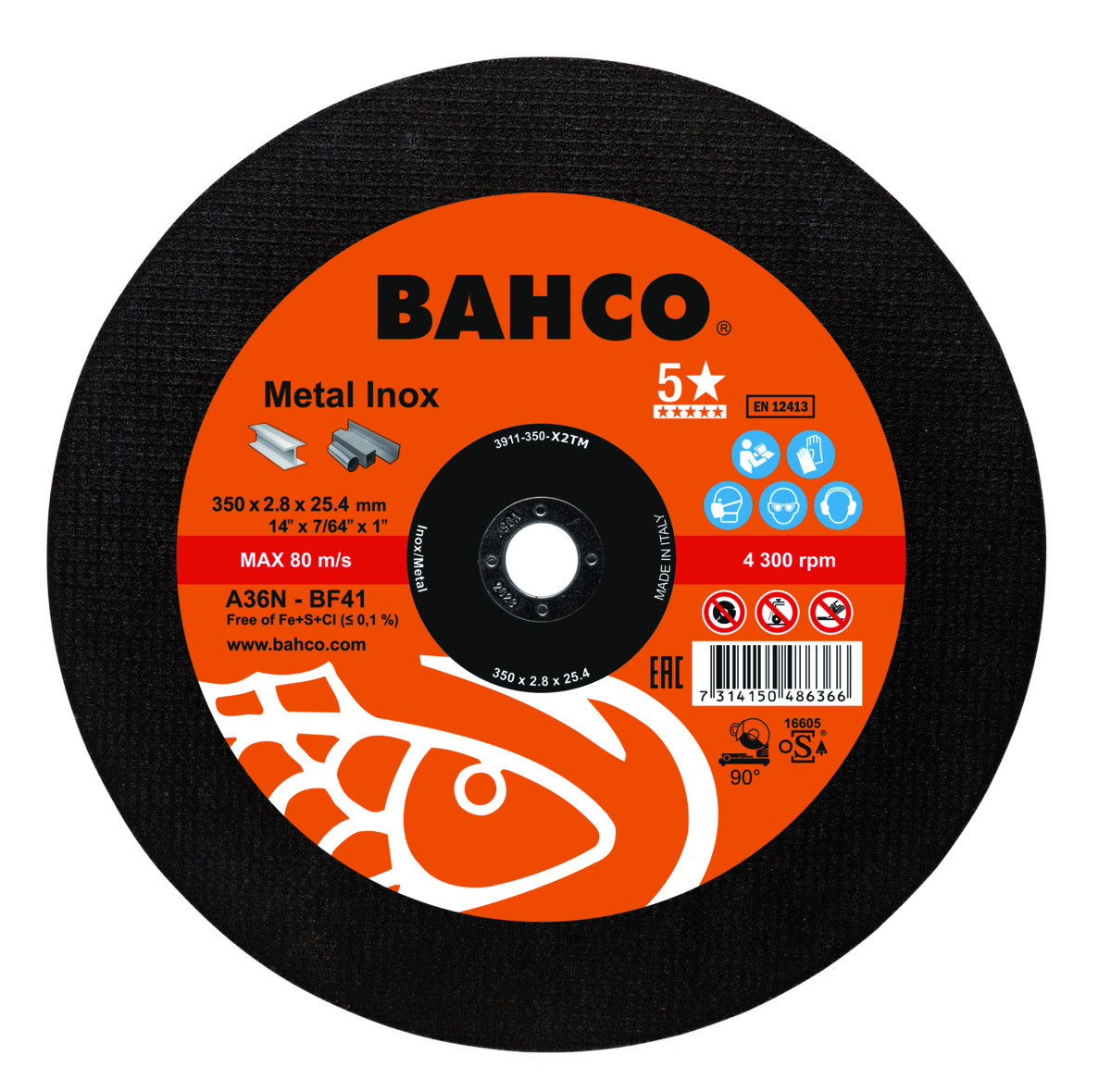 Discos de corte de alto desempenho abrasivos para aço inoxidável e metal 350 X 2,8 X 25,4 mm Bahco 3911-350-X2TM
