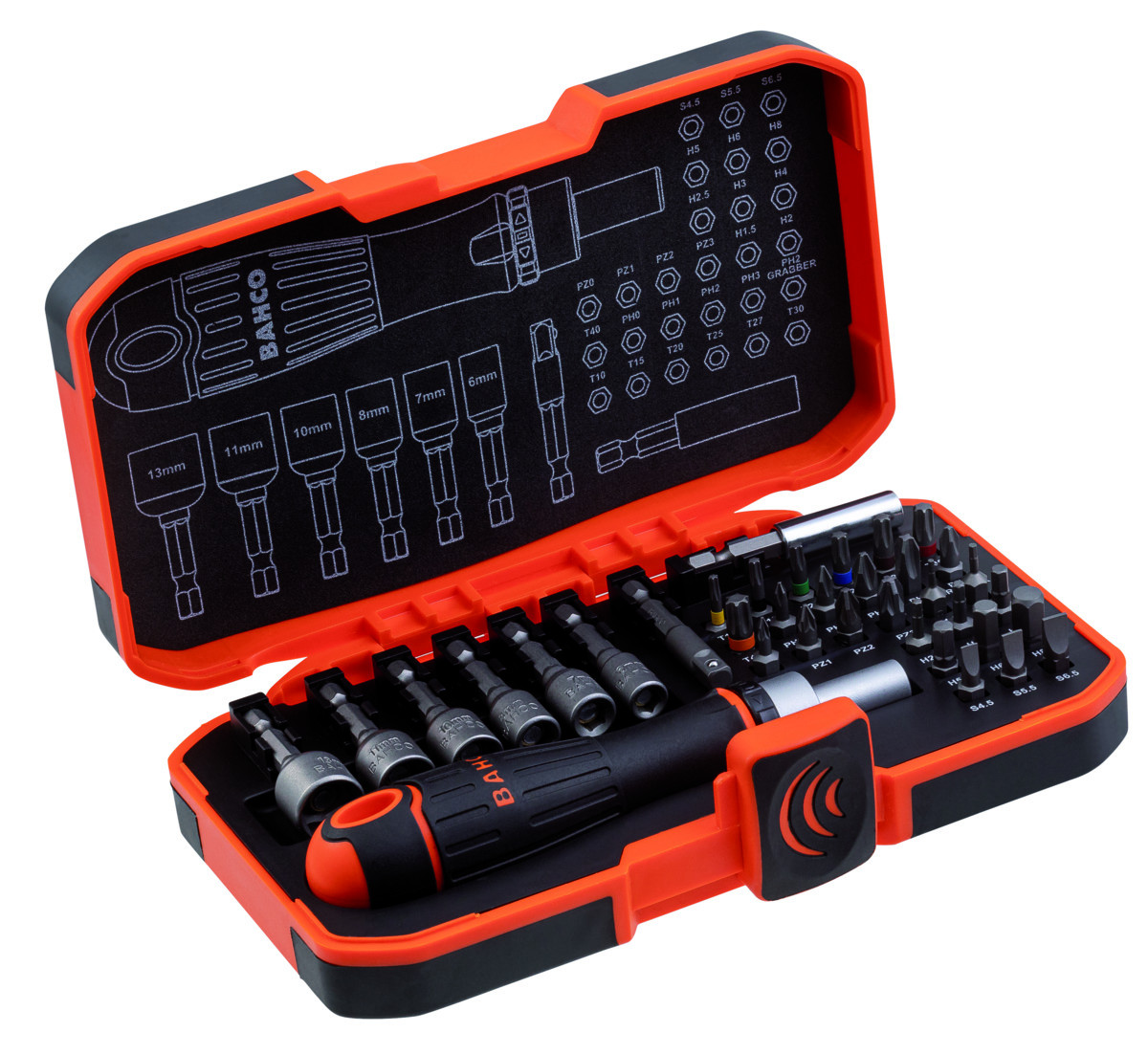 Conjunto de pontas 1/4" para trabalhos pesados, para chaves de porcas e pontas de fenda/Phillips/Pozidriv/TORX®/sextavadas com suporte para chave de roquete - 36 peças Bahco 59/S36BCR
