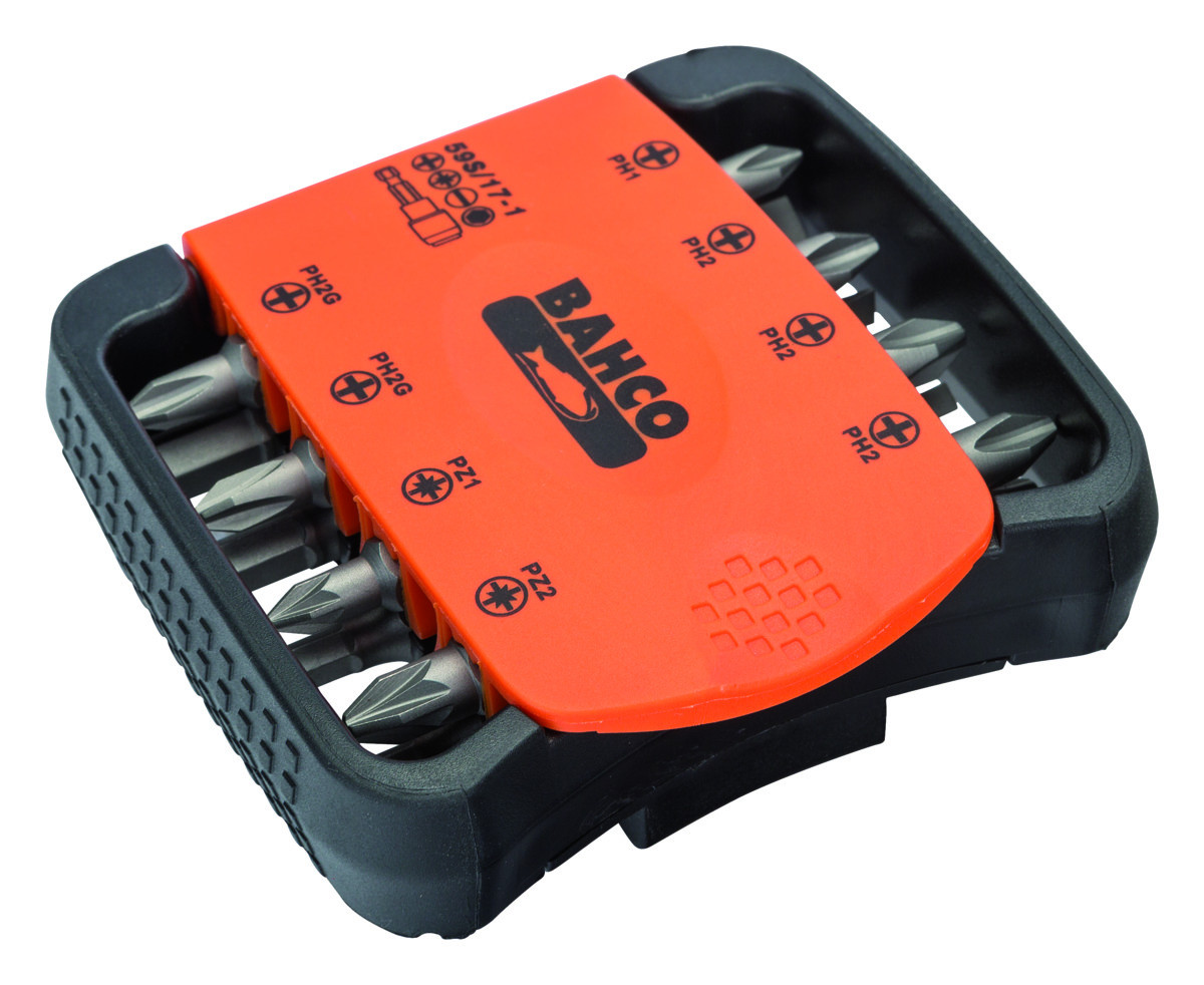 Conjunto de 17peças de bits para parafusos de fenda, Pozidriv, Phillips e hexagonais com suporte de bit com sistema de libertação rápida Bahco 59S/17-1