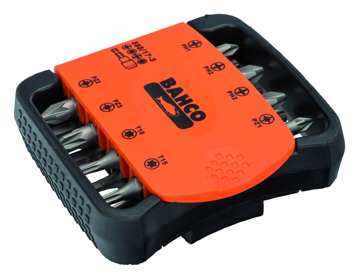 Conjunto de 17peças de bits para parafusos Pozidriv, Phillips, TORX® de segurança, hexagonais e suporte Bahco 59S/17-3