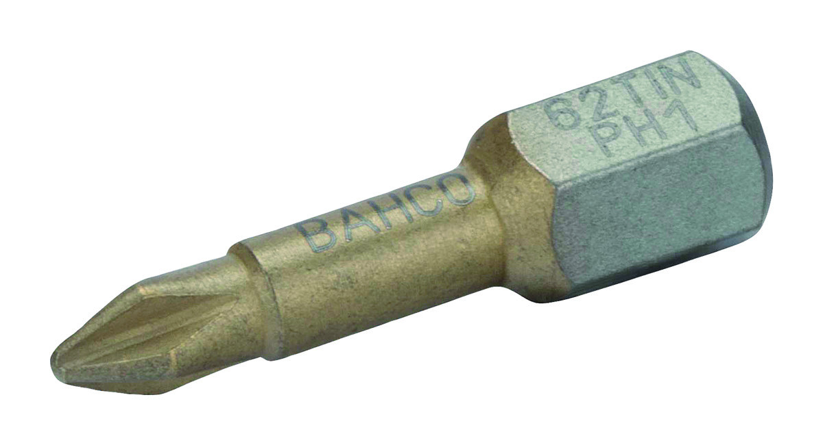 Pontas para aparafusadora de torção em estanho 1/4" para parafusos Phillips de PH3 - 25 mm - 10 Pcs/Caixa de plástico Bahco 62TIN/PH3