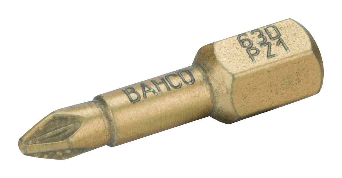 Pontas de aparafusadora de torção diamantadas 1/4" para parafusos Pozidriv de PZ1 - 25 mm - 5 Pcs/Caixa de plástico Bahco 63D/PZ1