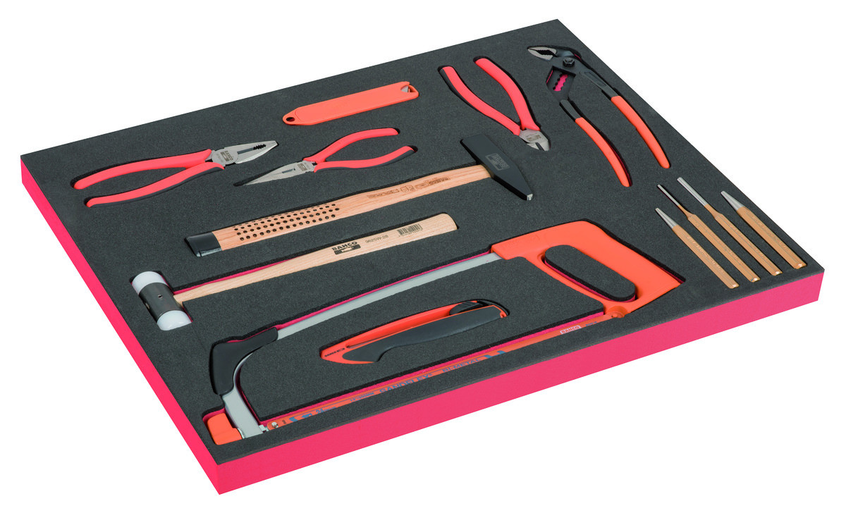 Conjunto de alicates, ferramentas de corte e martelos em inserção de espuma 3/3 Fit&Go - 13 peças Bahco FF1A154
