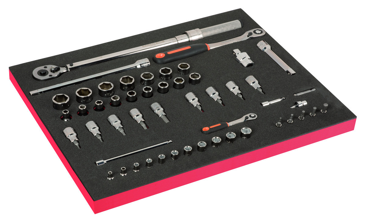 Conjunto de chaves de caixa 1/2" e 1/4" e chaves dinamométricas em inserção de espuma 3/3 Fit&Go - 51 peças Bahco FF1A194