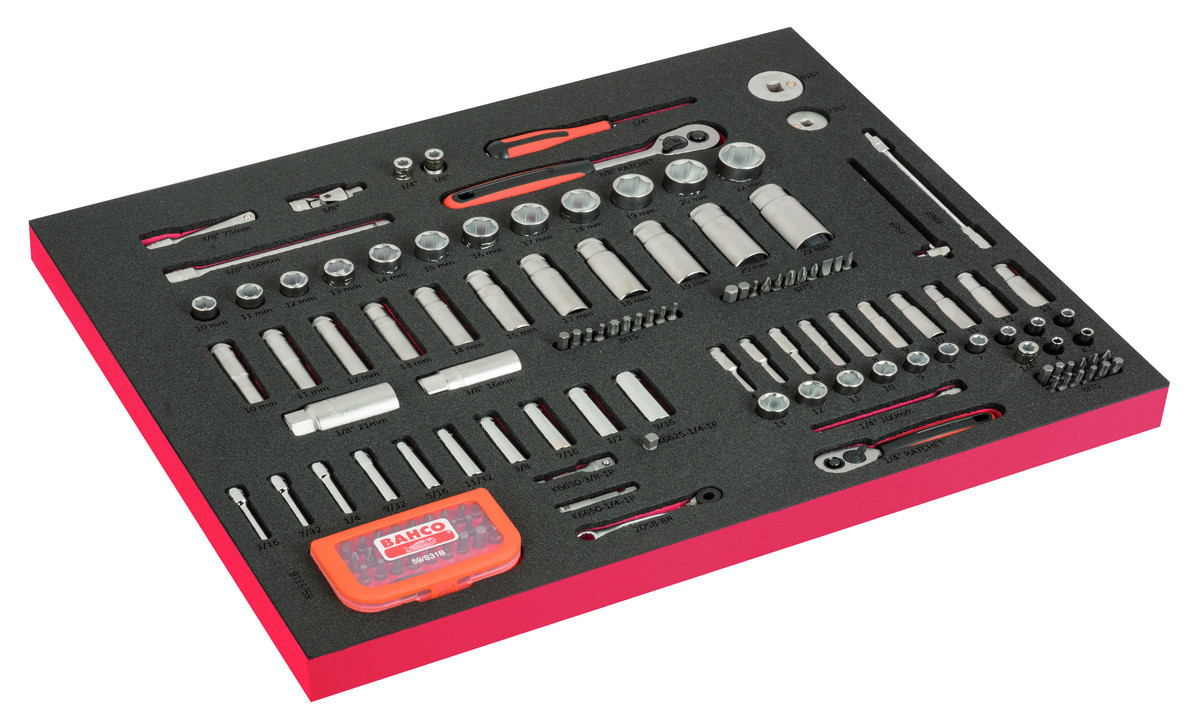 Conjunto de chaves de caixa 1/4" e 1/2" e pontas em inserção de espuma marcada a laser 3/3 Fit&Go - 139 peças Bahco FF1A195LM