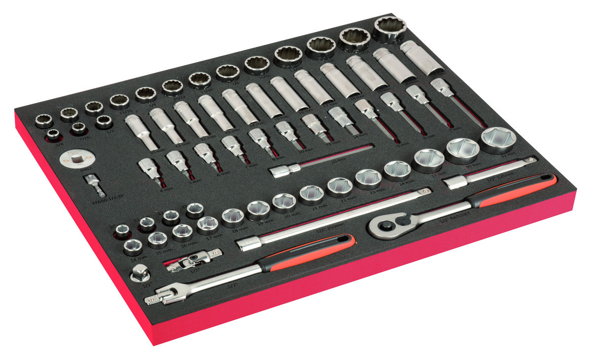 Conjunto de chaves de caixa 1/2" e conjunto de chaves de caixa longas 1/2" em inserção de espuma marcada a laser 3/3 Fit&Go - 67 peças Bahco FF1A196LM