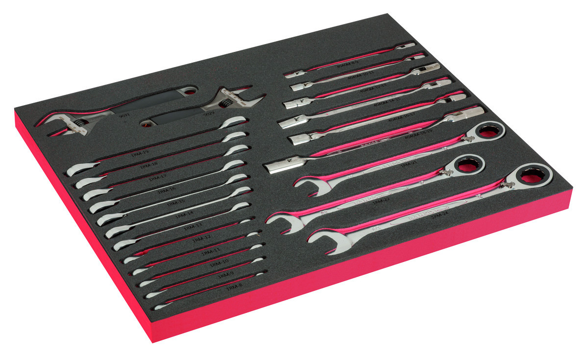 Conjunto de chaves de roquete e chaves de cabeça articulada, em inserção de espuma ajustável com marcação a laser 3/3 Fit&Go - 23 peças Bahco FF1A199LM