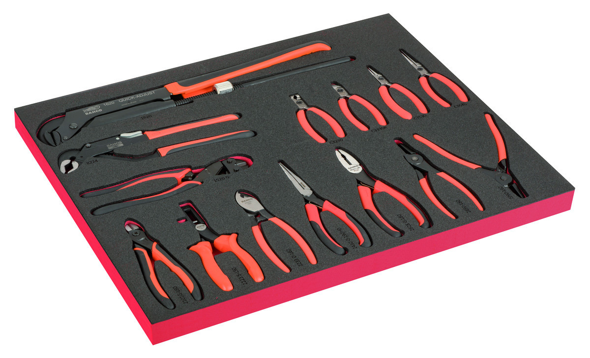 Conjunto de alicates de corte, para anéis de retenção, para tubos e universais em inserção de espuma marcada a laser 3/3 Fit&Go - 14 peças Bahco FF1A200LM