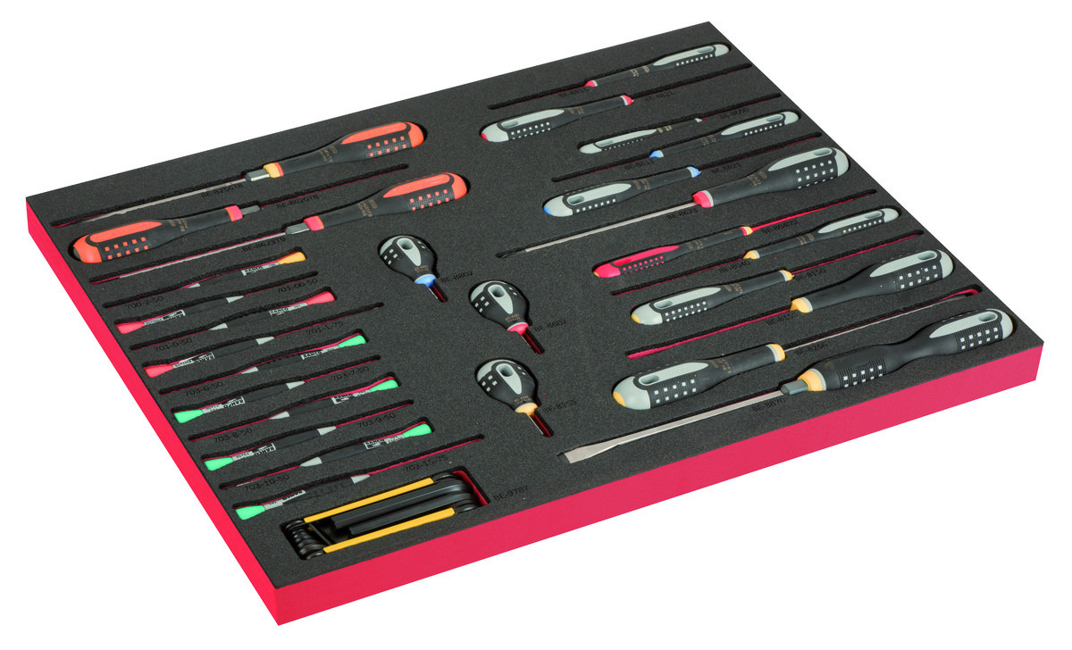 Conjunto de chaves de parafusos, chaves de precisão e chaves sextavadas em inserção de espuma marcada a laser 3/3 Fit&Go - 37 peças Bahco FF1A201LM