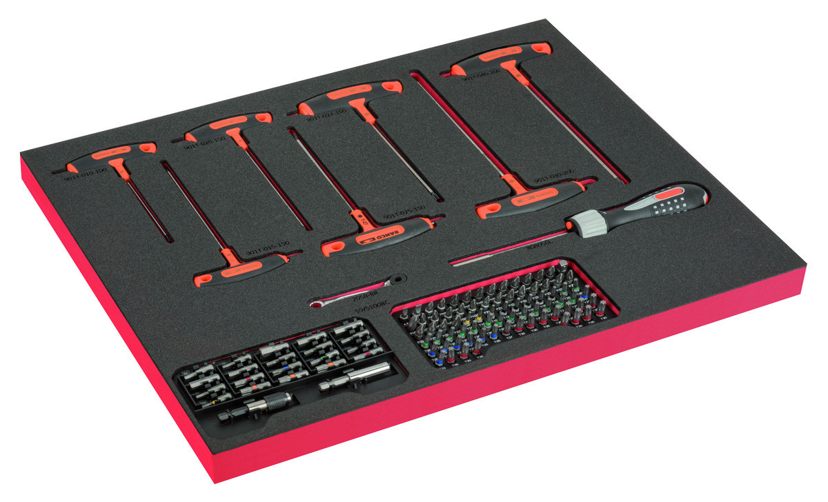 Conjunto de chaves de roquete, chaves de parafusos com pega em T e pontas em inserção de espuma marcada a laser 3/3 Fit&Go - 114 peças Bahco FF1A203LM