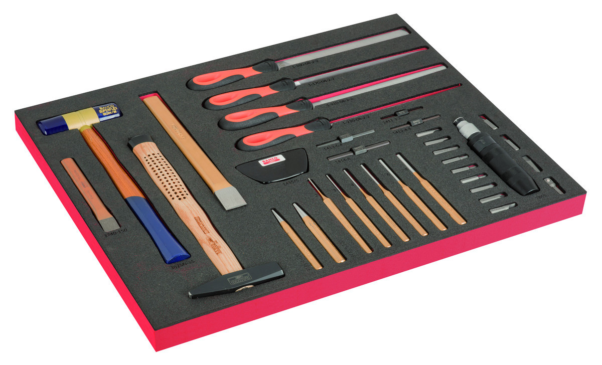 Conjunto de formões com martelos e limas em inserção de espuma marcada a laser 3/3 Fit&Go - 40 peças Bahco FF1A204LM