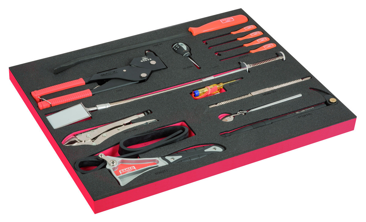 Conjunto com sovelas, ganchos, espelhos de inspeção e pistola de rebitagem em inserção de espuma marcada a laser 3/3 Fit&Go - 14 peças Bahco FF1A205LM