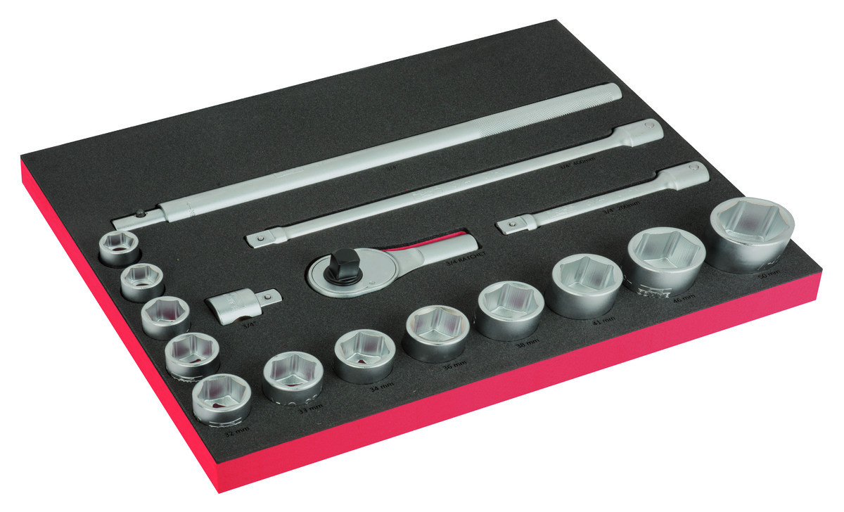 Conjunto de chaves de caixa 3/4" em inserção de espuma marcada a laser 3/3 Fit&Go - 17 peças Bahco FF1A206LM