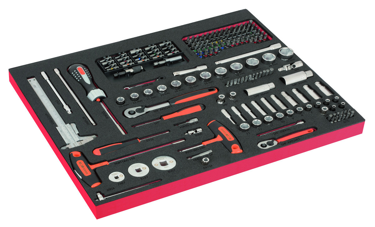 Conjunto de chaves de caixa 1/4" e 3/8", chaves de parafusos com pega em T, calibrador e pontas em inserção de espuma marcada a laser 3/3 Fit&Go - 192 peças Bahco FF1A207LM