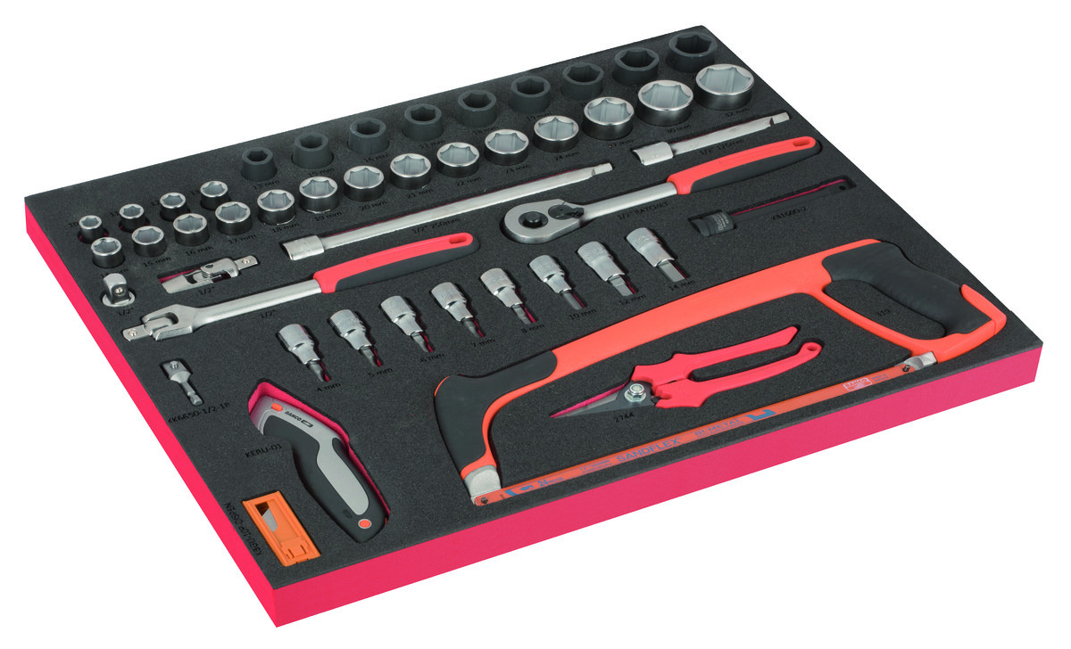 Conjunto de chaves de caixa 1/2" e chaves de caixa de impacto 1/2" em inserção de espuma marcada a laser 3/3 Fit&Go - 56 peças Bahco FF1A208LM