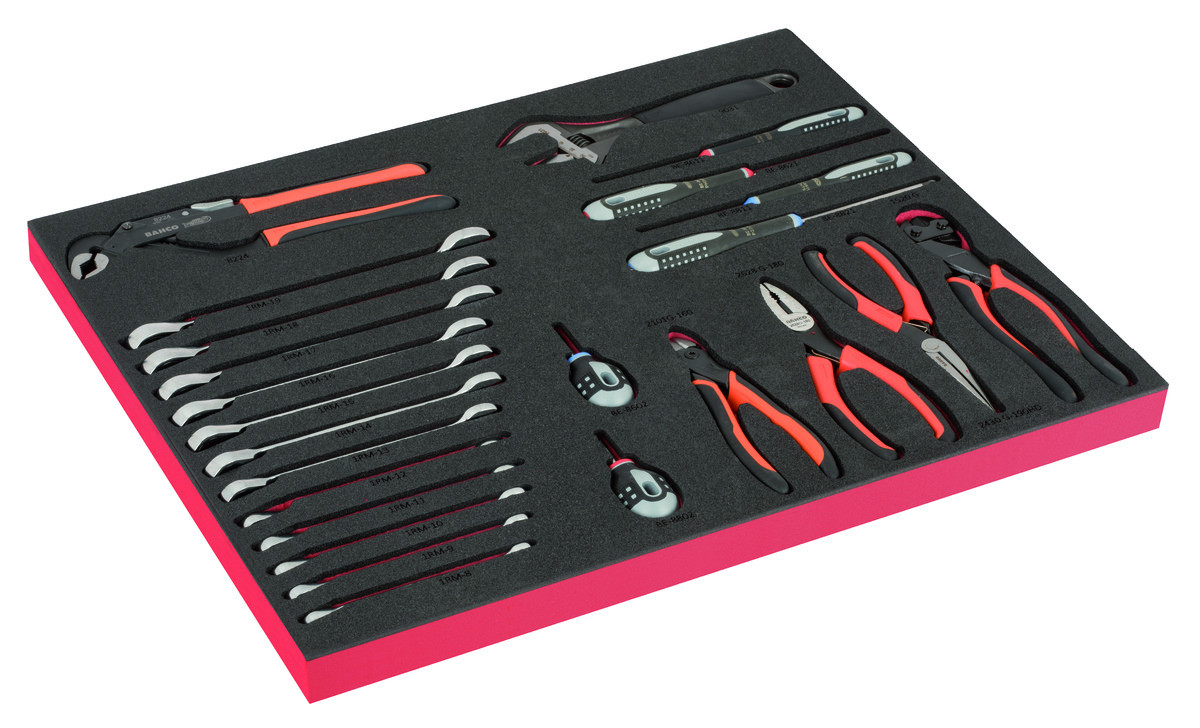 Conjunto de chaves de parafusos, chaves de boca e alicates ERGO em inserção de espuma marcada a laser 3/3 Fit&Go - 24 peças Bahco FF1A210LM