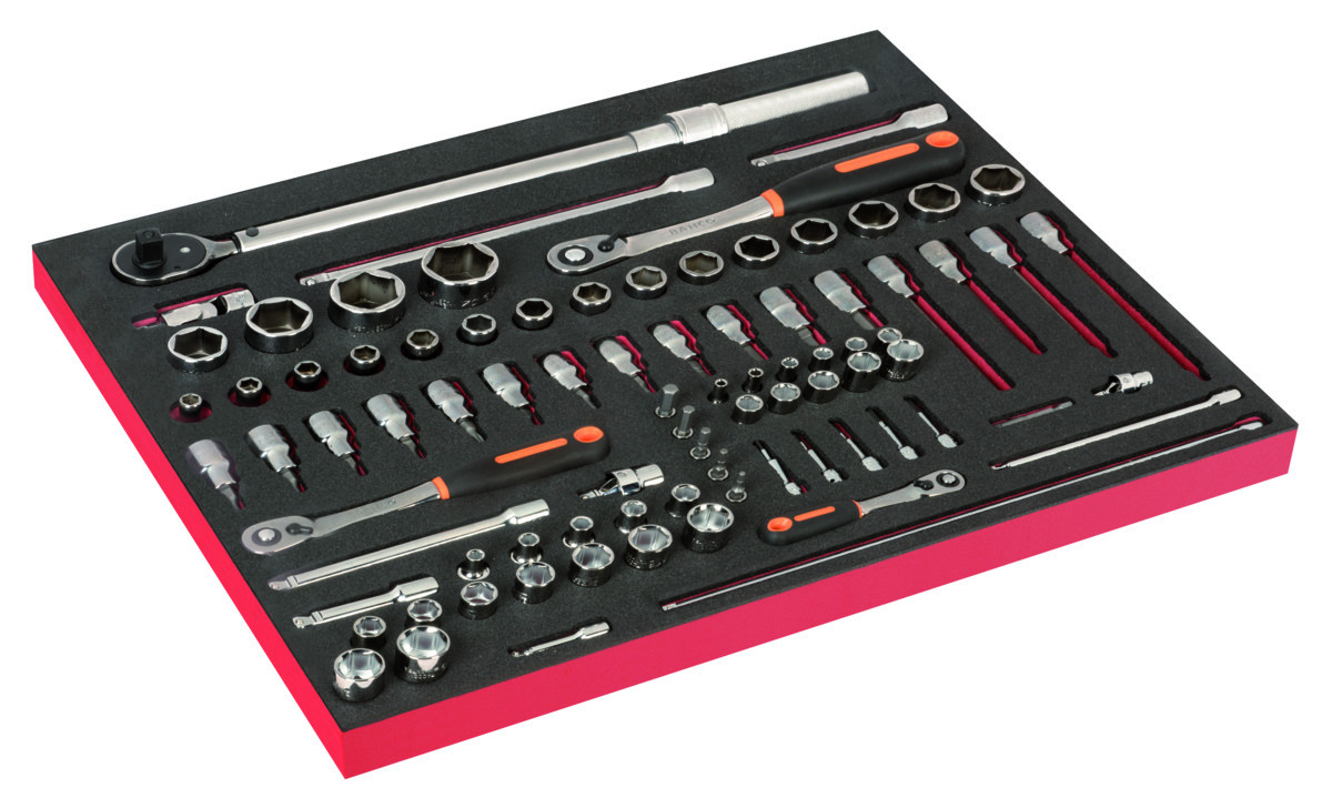 Conjunto de chaves de caixa 1/4" e 3/8" e chaves de dinamométricas em inserção de espuma 3/3 Fit&Go - 85 peças Bahco FF1A213