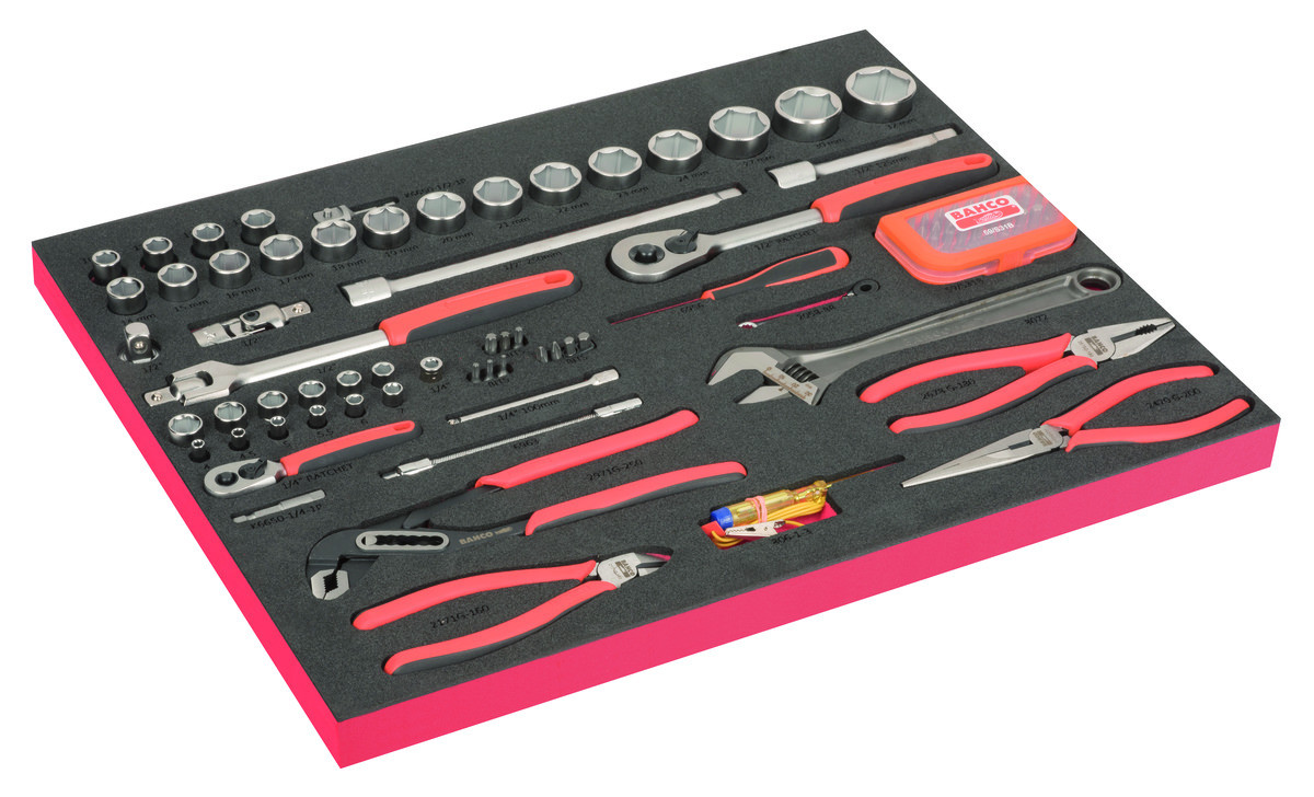 Conjunto de chaves de caixa 1/4" e 1/2", alicates e pontas em inserção de espuma marcada a laser 3/3 Fit&Go - 91 peças Bahco FF1A214LM