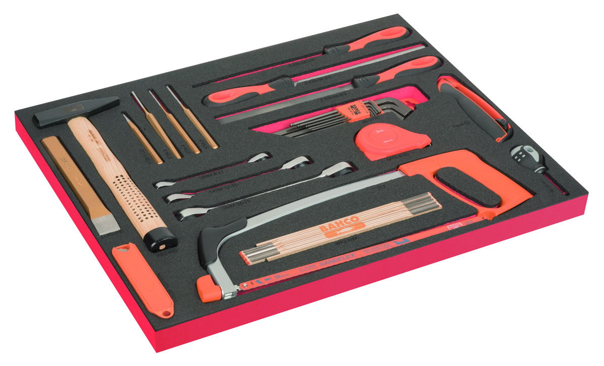 Conjunto de martelo, ferramentas de corte, limas e chaves em L em inserção de espuma marcada a laser 3/3 Fit&Go - 36 peças Bahco FF1A216LM