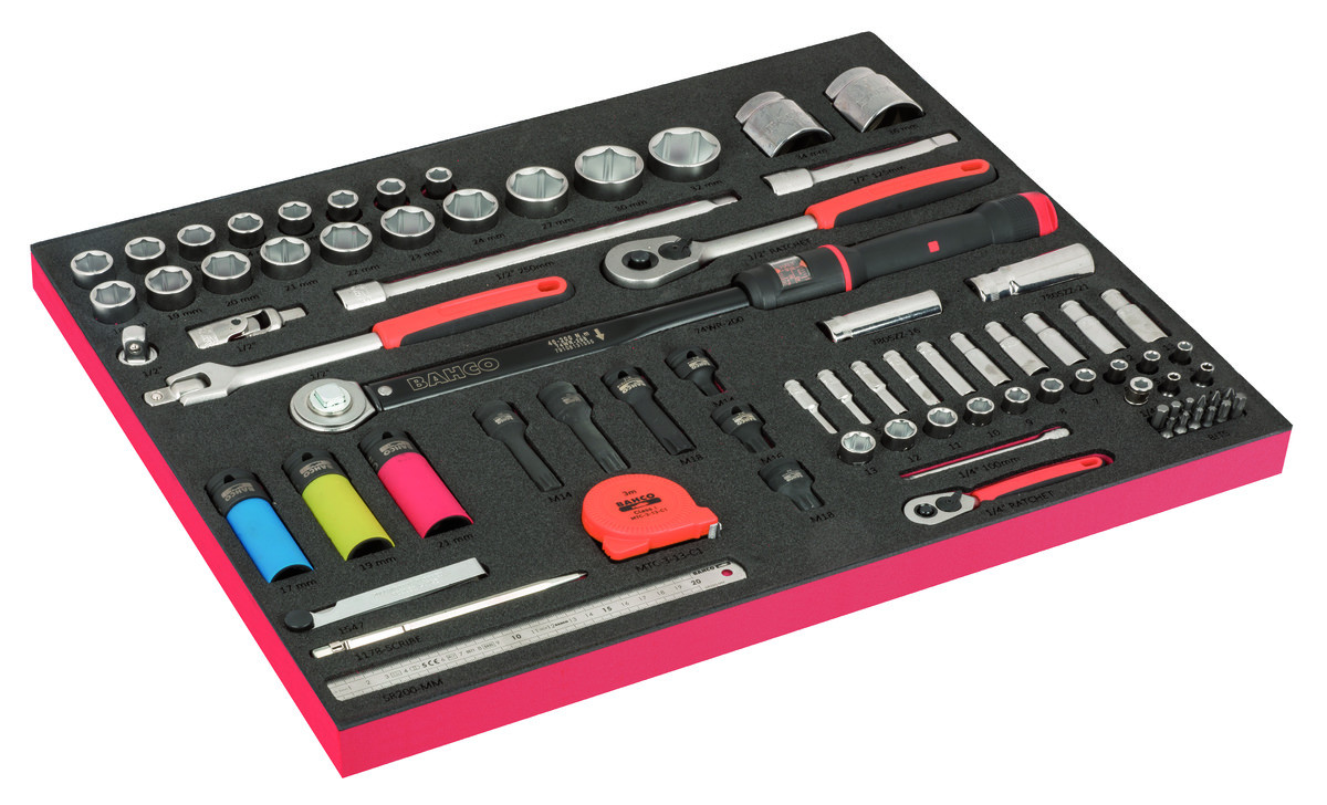 Conjunto de chaves de caixa 1/4", chaves de caixa para velas de ignição, chaves dinamométricas de clique com janela em inserção de espuma marcada a laser 3/3 Fit&Go - 79 peças Bahco FF1A218LM