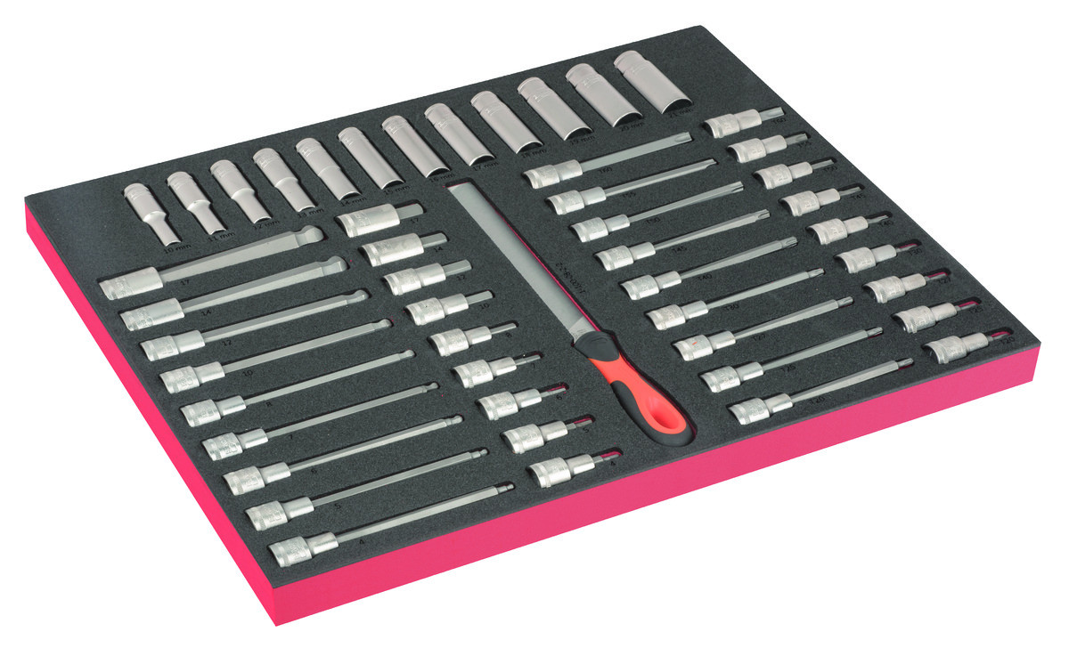 Conjunto de chaves de caixa longas 1/2" e pontas sextavadas em inserção de espuma marcada a laser 3/3 Fit&Go - 49 peças Bahco FF1A219LM