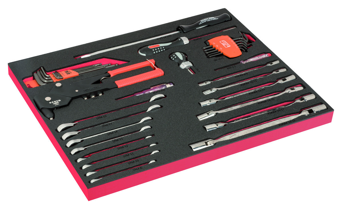 Conjunto de chaves de roquete combinadas, chaves de cabeça articulada e chaves em L, em inserção de espuma marcada a laser 3/3 Fit&Go - 42 peças Bahco FF1A221LM