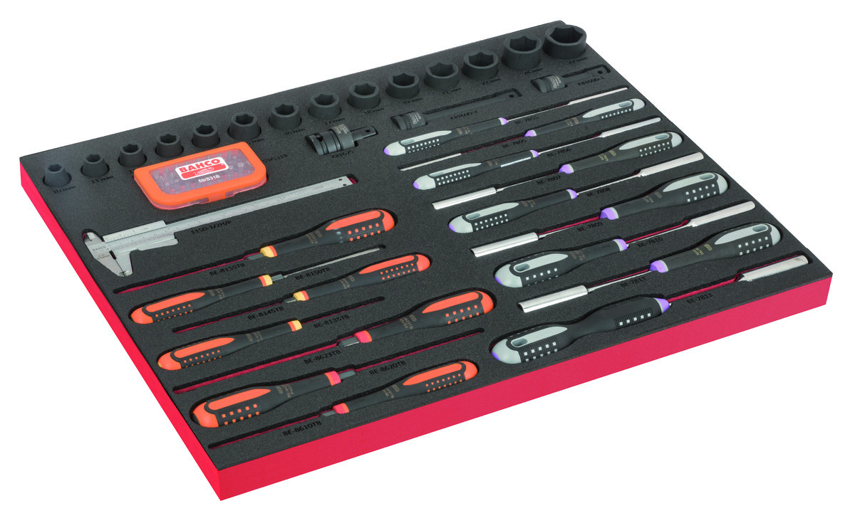 Conjunto de chaves de caixa de impacto 1/2" e conjunto de chaves de parafusos, calibrador e pontas ERGO em inserção de espuma marcada a laser 3/3 Fit&Go - 65 peças Bahco FF1A222LM