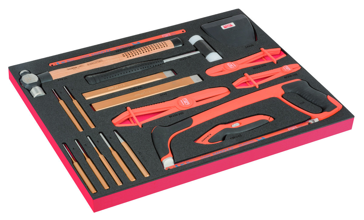 Conjunto de martelo, ferramentas de corte e abraçadeiras em inserção de espuma marcada a laser 3/3 Fit&Go - 26 peças Bahco FF1A224LM