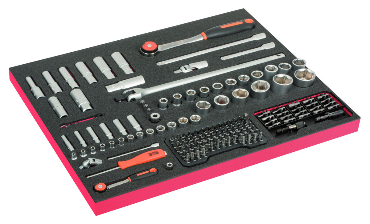 Conjunto de chaves de caixa 1/4" + 1/2" e 100 pontas para chave de parafusos em inserção de espuma 3/3 Fit&Go - 160 peças Bahco FF1A229