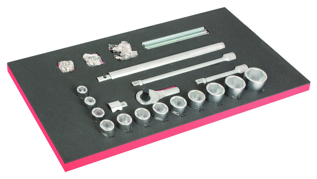 Inserção em espuma para o carrinho 40" para conjuntos de chaves de caixa 3/4", e de clipes de metal para chaves de caixa 1/4", 3/8", 1/2" - 104 peças Bahco FF1B11LM