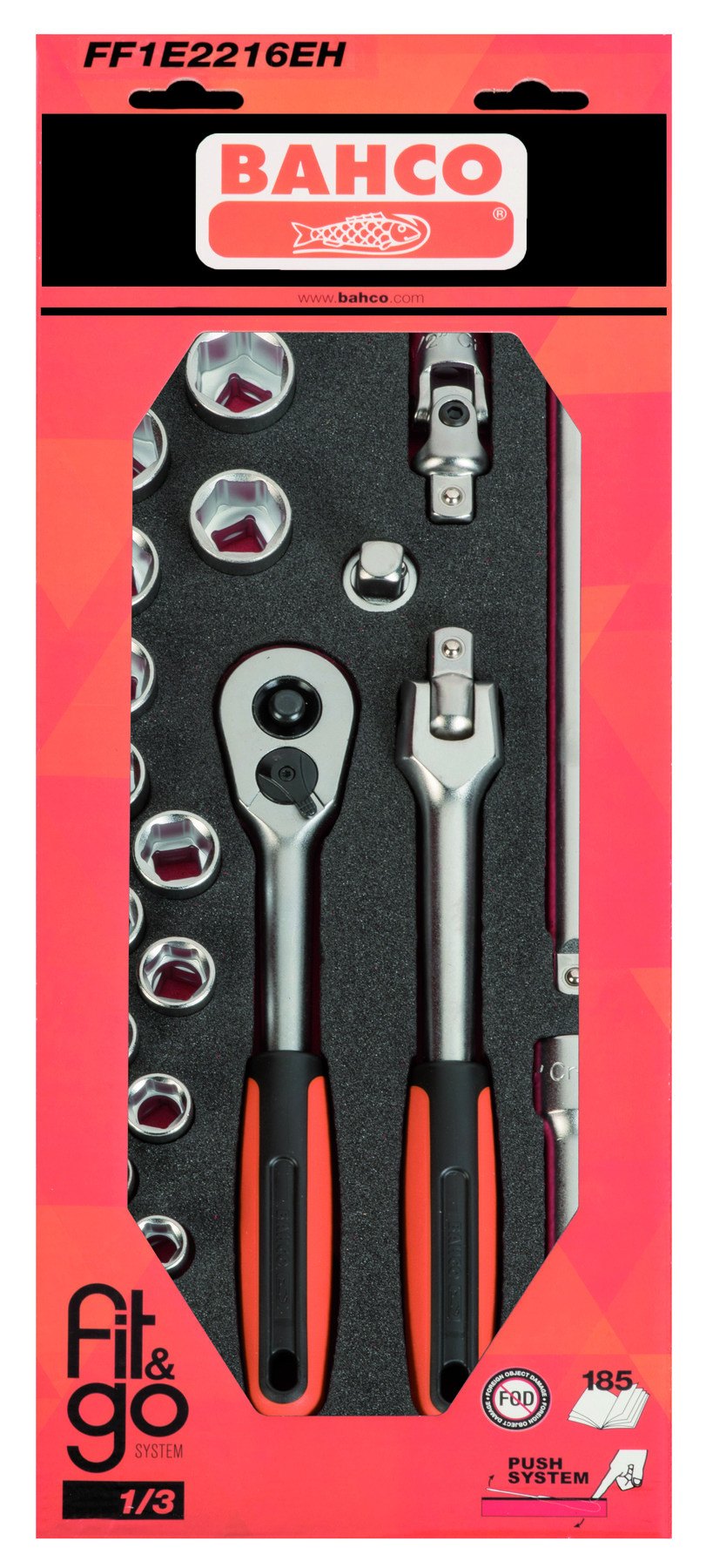 Conjunto de chaves de roquete e acessórios 1/2" em inserção de espuma 1/3 Fit&Go - 24 peças por embalagem Bahco FF1E2216EH