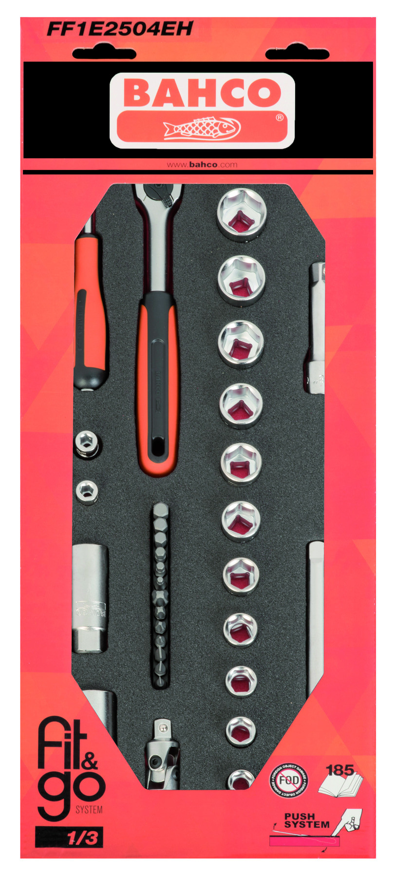 Conjunto de chaves de caixa 1/4" e 3/8" em inserção de espuma 1/3 Fit&Go - 33 peças por embalagem Bahco FF1E2504EH