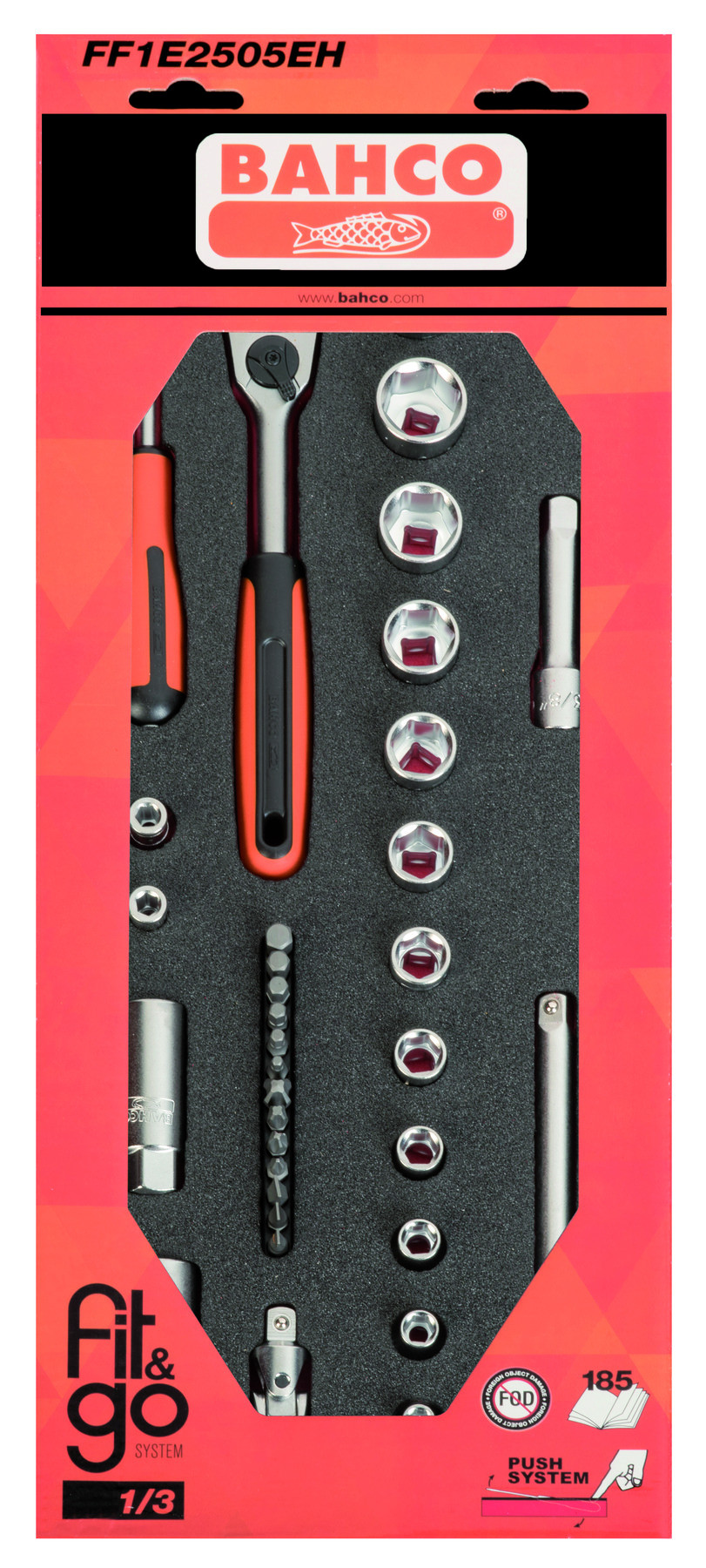 Conjunto de chaves de caixa 1/4" e 3/8" em inserção de espuma 1/3 Fit&Go - 34 peças por embalagem Bahco FF1E2505EH