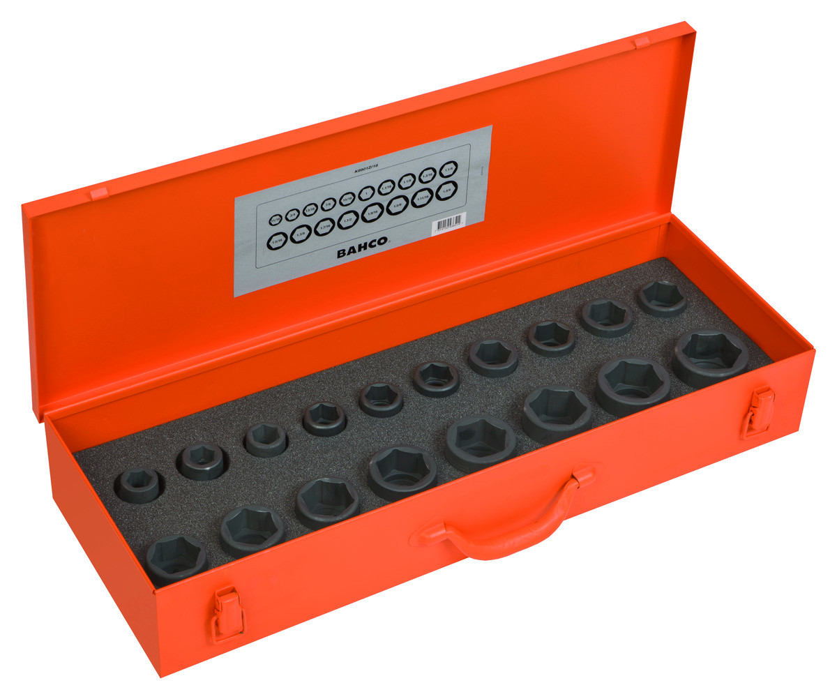 Conjunto de chaves de caixa de impacto quadradas de 3/4" com perfil sextavado no sistema imperial e acabamento fosfatado - 18 peças Bahco K8901Z/18