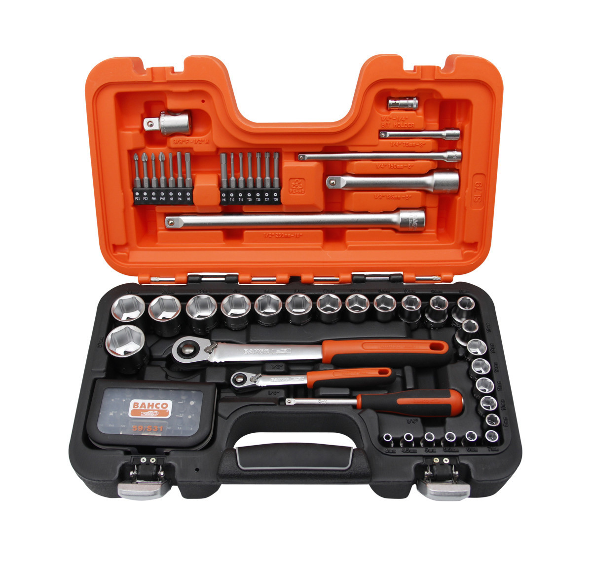 Conjunto de chaves de caixa quadradas de 1/4" e 1/2" com perfil sextavado no sistema métrico e roquete de cabeça fina - 79 peças Bahco SL79