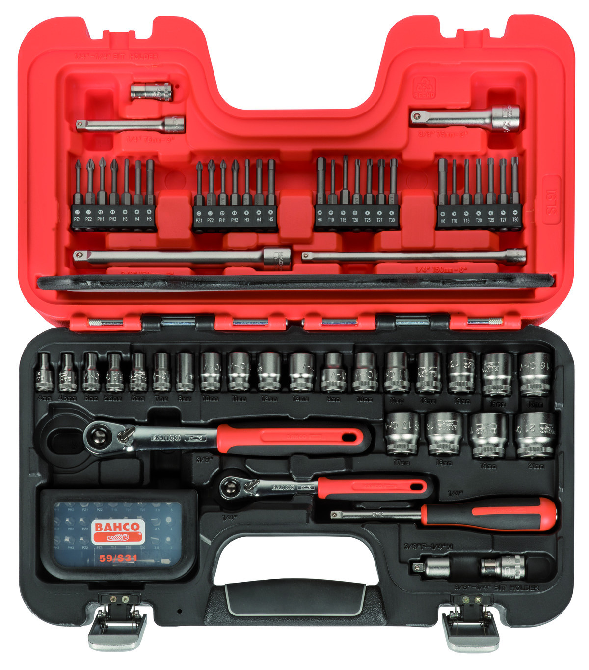 Conjunto de chaves de caixa quadradas de 1/4" e 3/8" com perfil sextavado no sistema métrico e roquete de cabeça fina - 91 peças Bahco SL91
