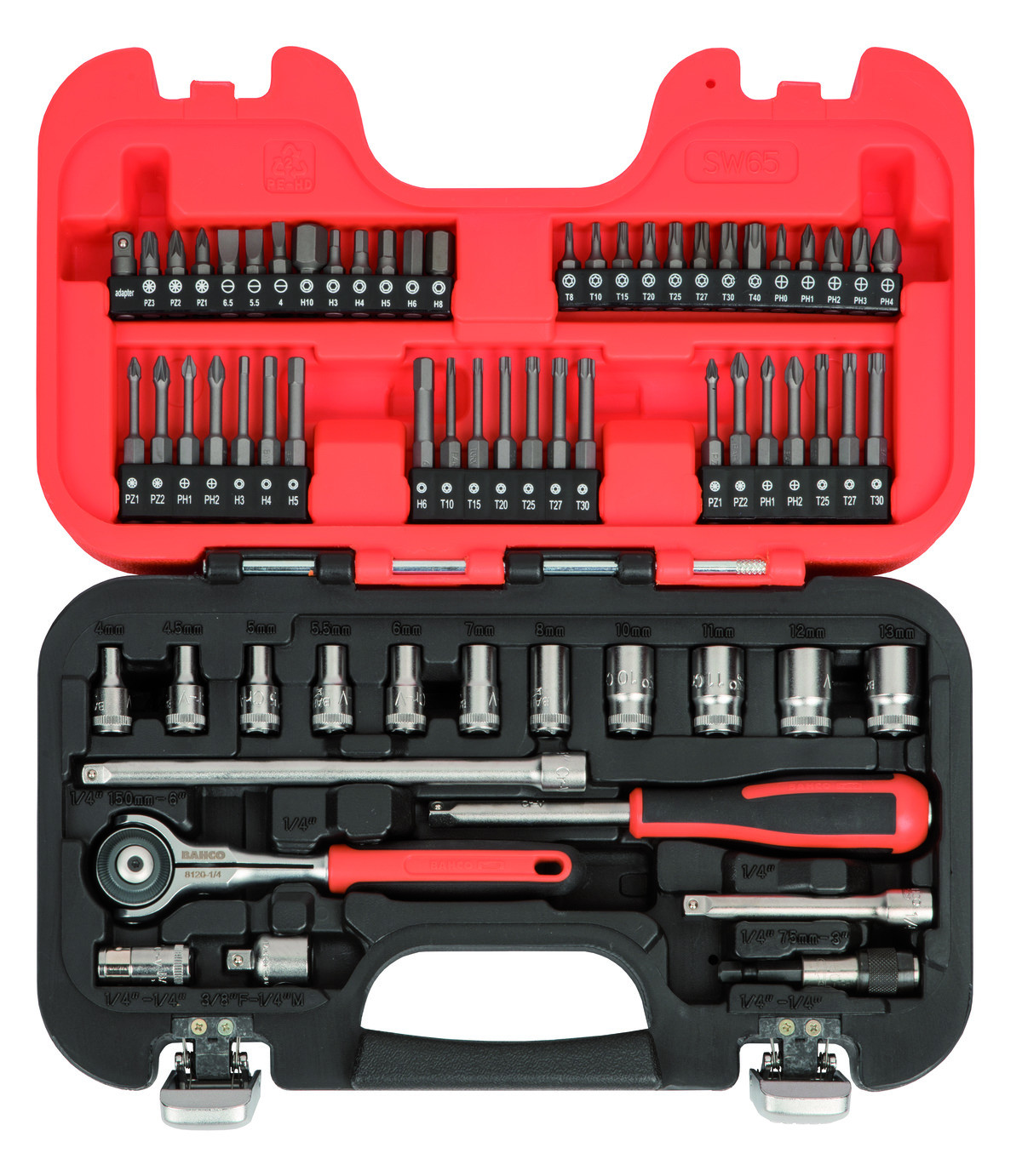 Conjunto de chaves de caixa quadradas de 1/4" com perfil sextavado no sistema métrico e roquete de cabeça rotativa - 65 peças Bahco SW65