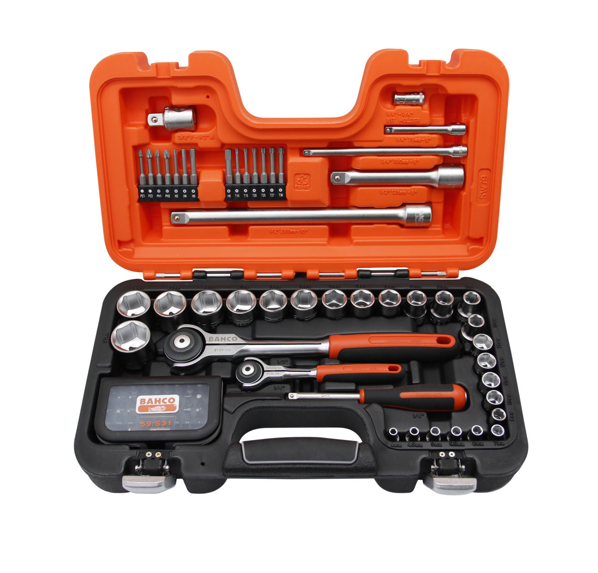 Conjunto de chaves de caixa quadradas de 1/4" e 1/2" com perfil sextavado no sistema métrico e roquete de cabeça rotativa - 79 peças Bahco SW79
