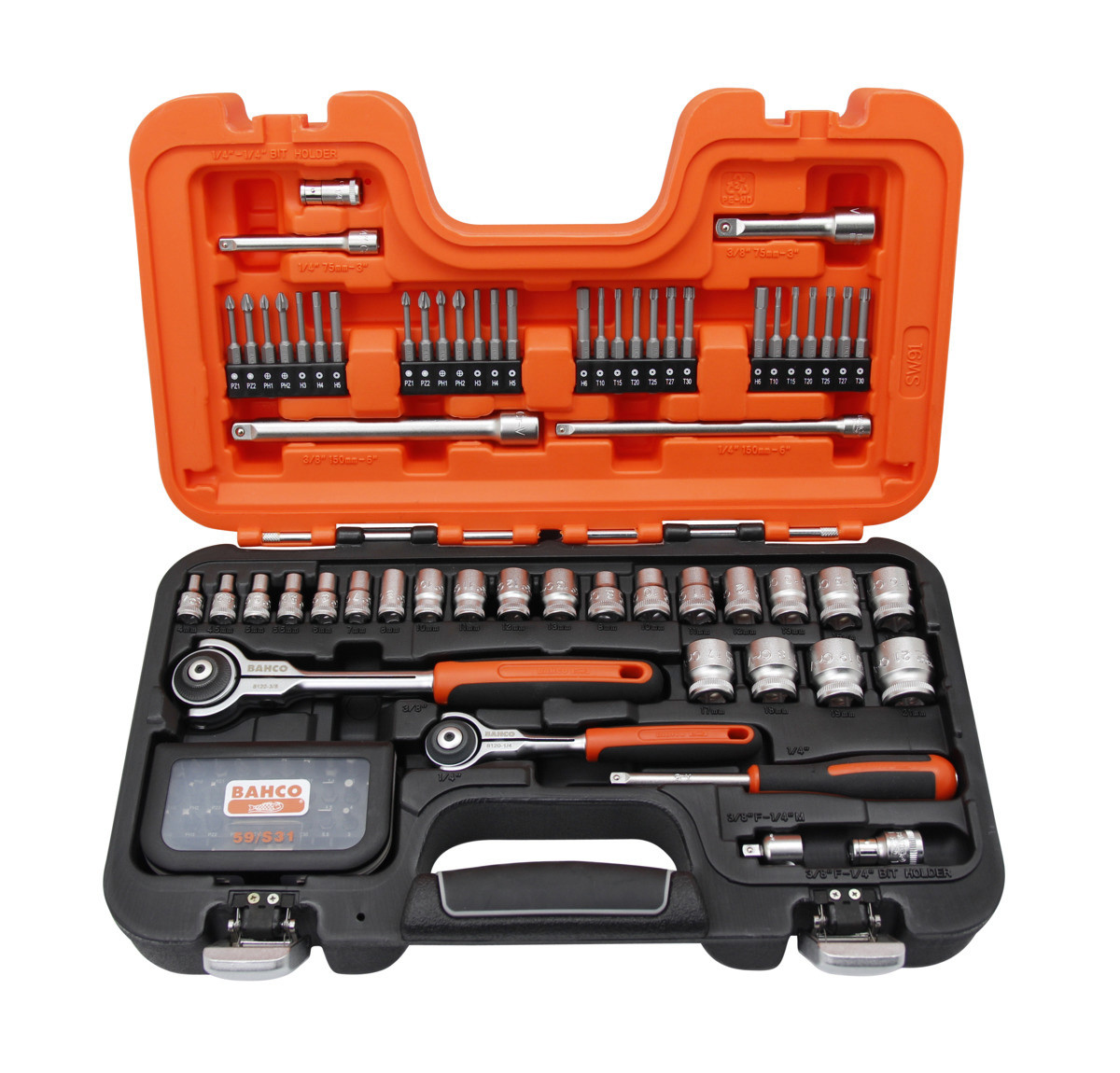 Conjunto de chaves de caixa quadradas de 1/4" e 3/8" com perfil sextavado no sistema métrico e roquete de cabeça rotativa - 91 peças Bahco SW91