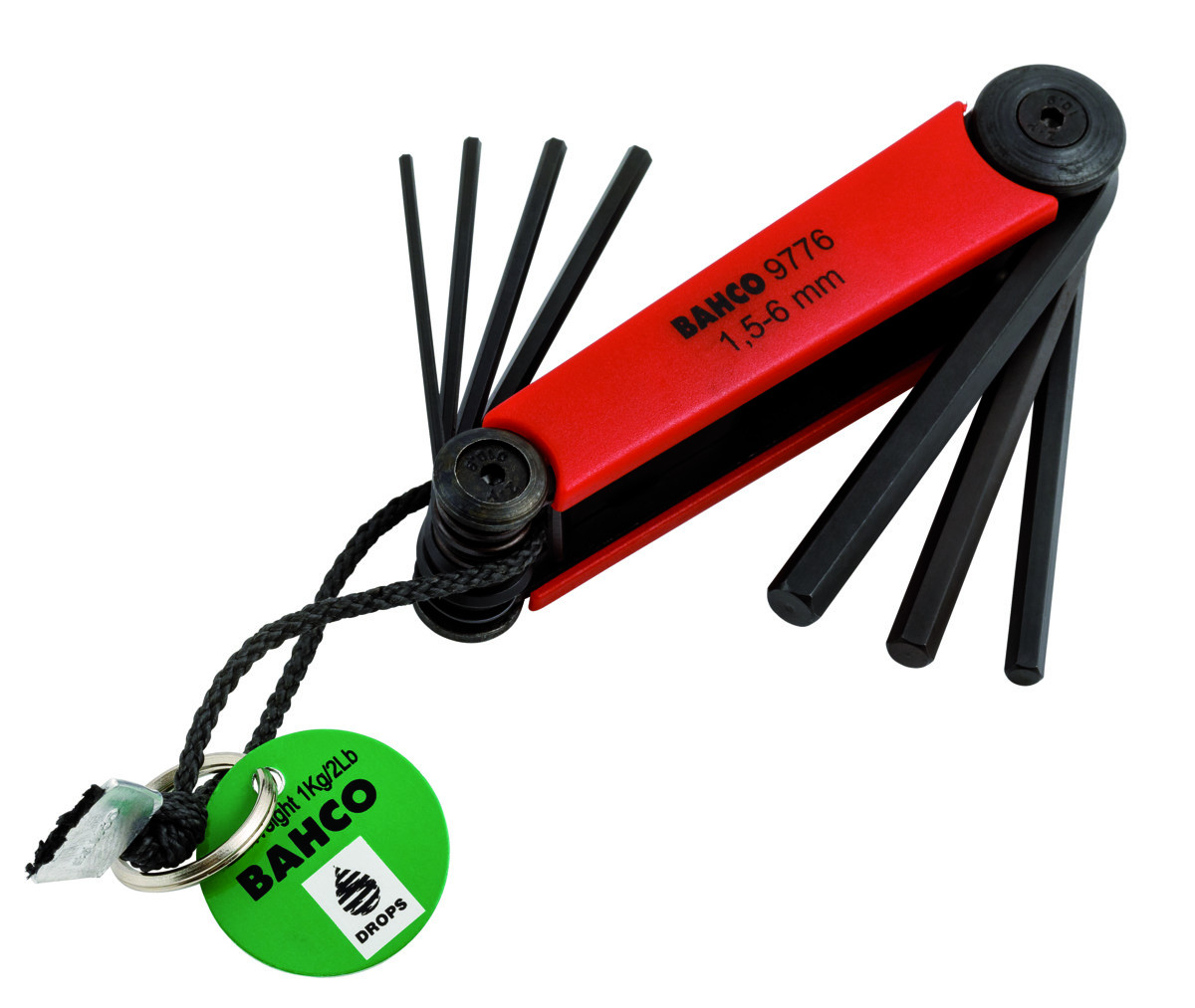 Conjunto de chaves em L dobráveis e sextavadas no sistema métrico com acabamento fosfatado 1,5 mm-6 mm - 7 peças com aro de arame têxtil Kevlar Bahco TAHBE-9776