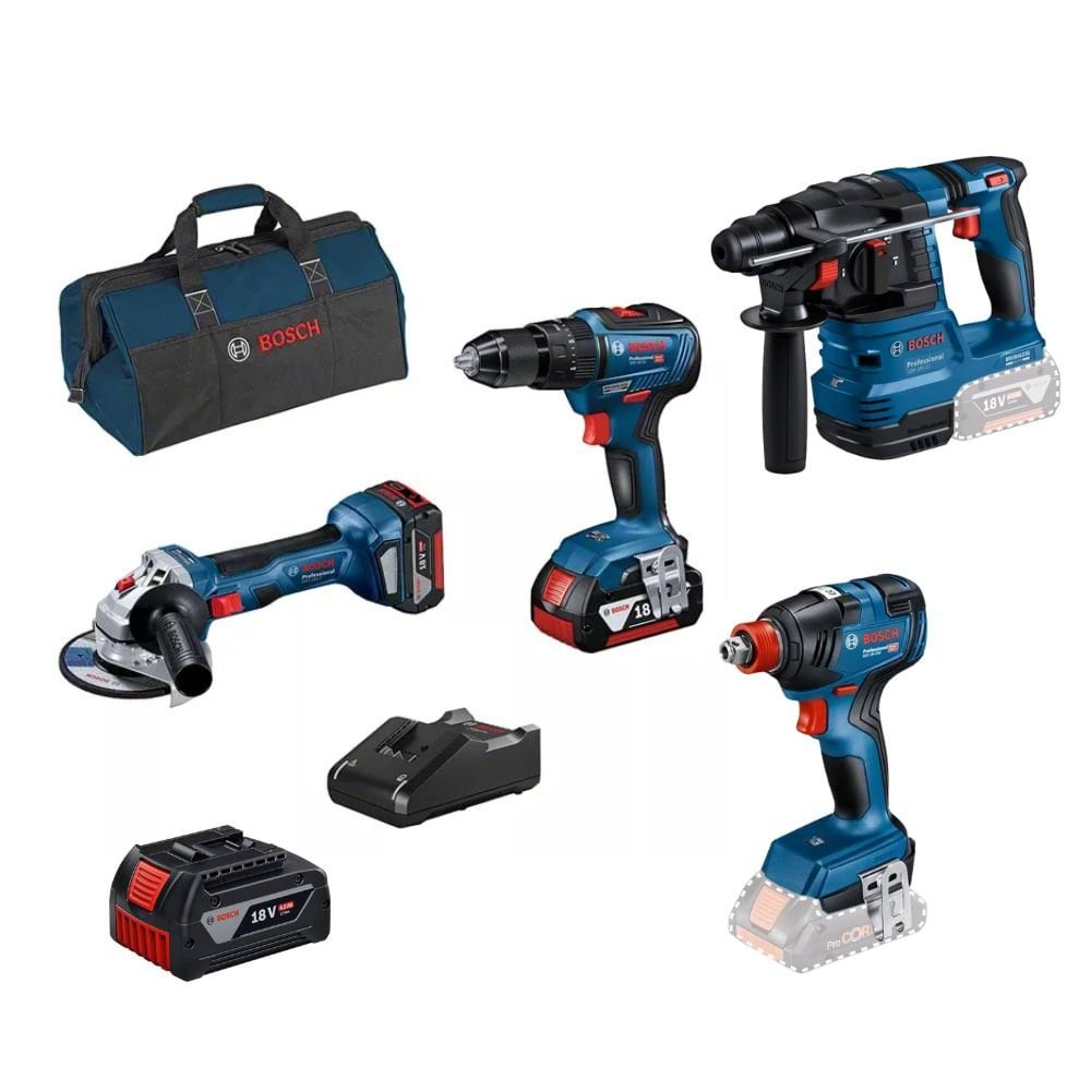 Kit 4 Máquinas GSB 18V-55 + GWS 18V-7 + GBH 18V-21 + GDX 18V-200 + 3 Baterias 18V Bosch