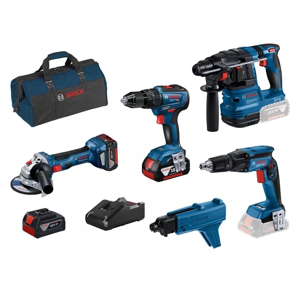 Kit 4 Máquinas GSB 18V-55 + GWS 18V-7 + GBH 18V-21 + GTB 18V-45 + GMA 55 + 3 Baterias 18V Bosch