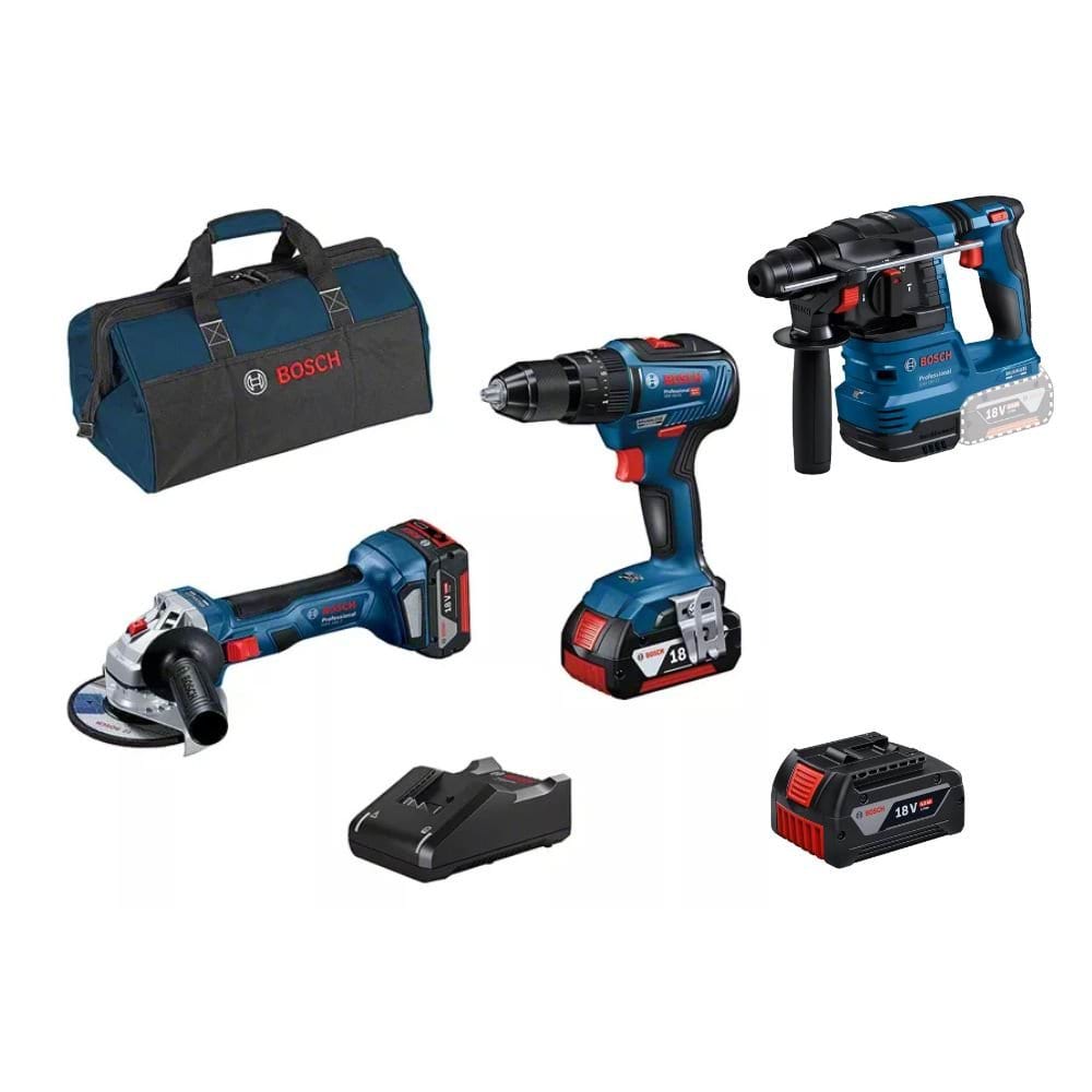 Kit Combo 3 Máquinas Martelo Perfurador GBH 18V-22 Professional + Berbequim GSB 18V-55 + Rebarbadora GWS 18V-7 Pro Deals Bosch 0615990M4APRO1