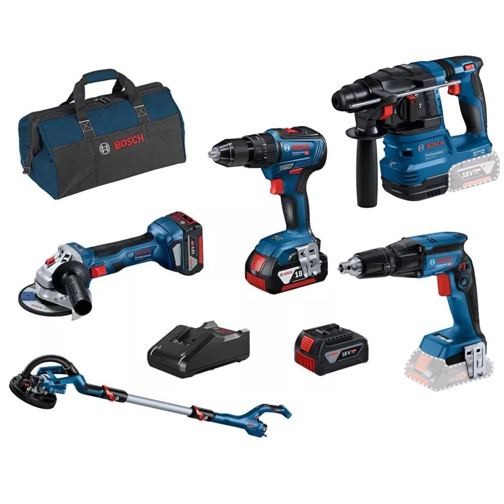 Kit 5 Máquinas GSB 18V-55 + GWS 18V-7 + GBH 18V-21 + GTB 18V-45 + GTR 55-225 + 3xBaterias 18V Bosch