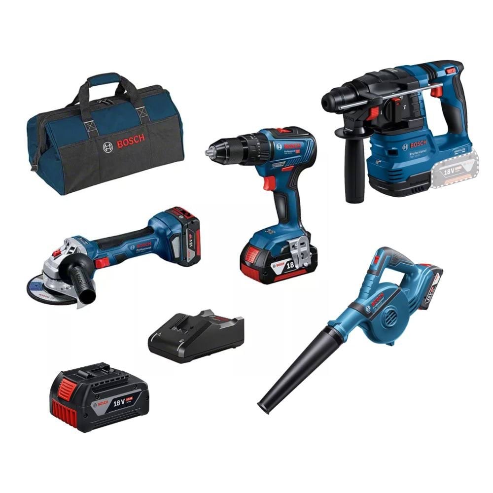 Kit 4 Máquinas GBH 18V-21 + GBL 18V-120 + GSB 18V-55 + GWS 18V-7 + Bateria 18V 4,0 Ah Bosch