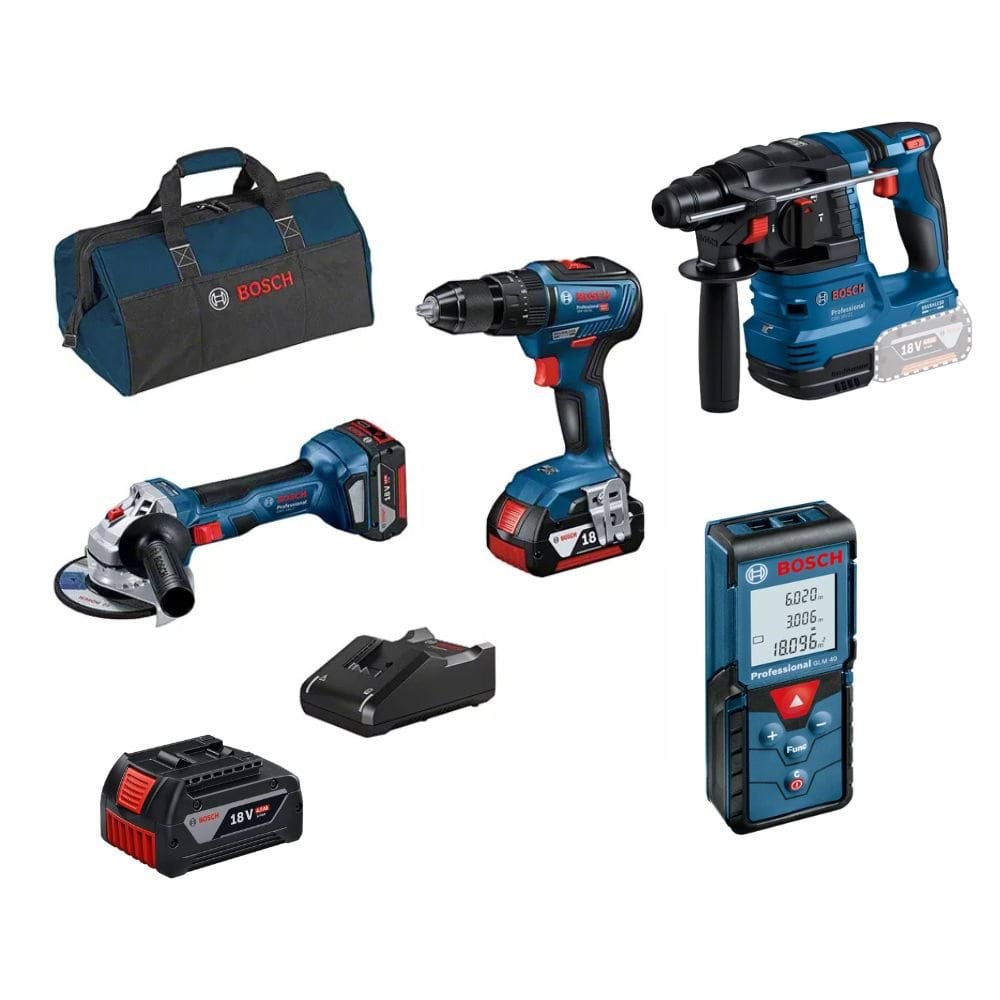 Kit 4 Máquinas GSB 18V-55 + GWS 18V-7 + GBH 18V-21 + GLM 40 + Bateria 18V Bosch